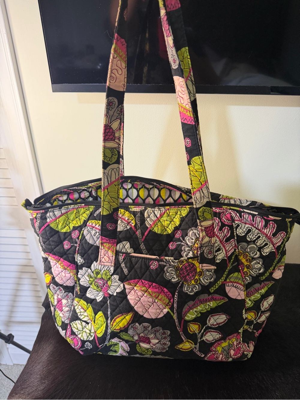 Vera Bradley Black Quilted Tote with Pink & Lime Floral Print